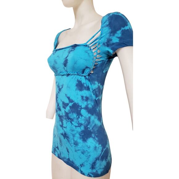 SEA LOVE - LARGE - Women's/Juniors Cut and Weaved Navy Blue and Turquoise Top - Picture 5 of 6